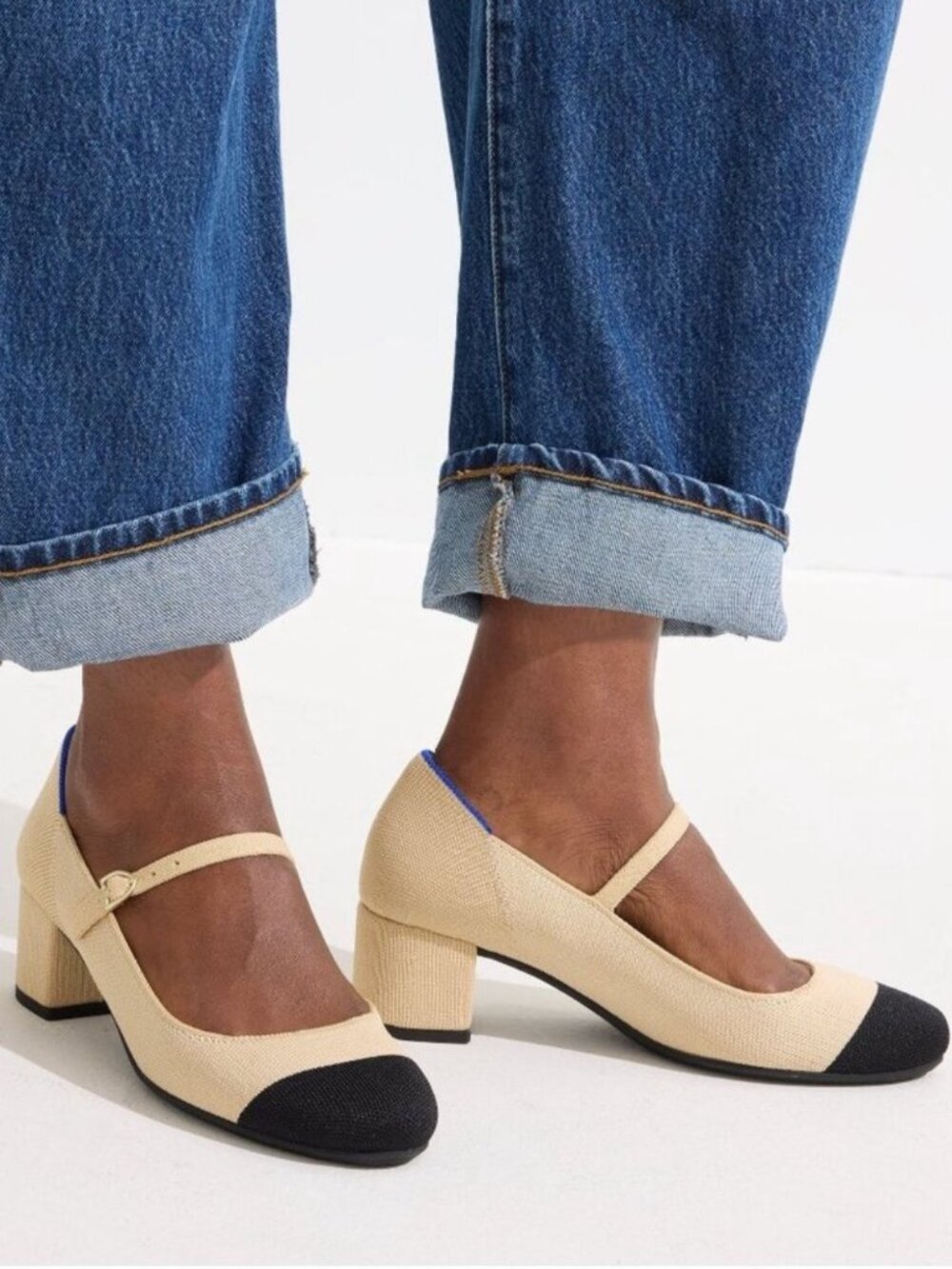 Rothy's Mary Jane Pump Size 9.5 Block Heel Cream Beige Black Knit Cap Toe NEW